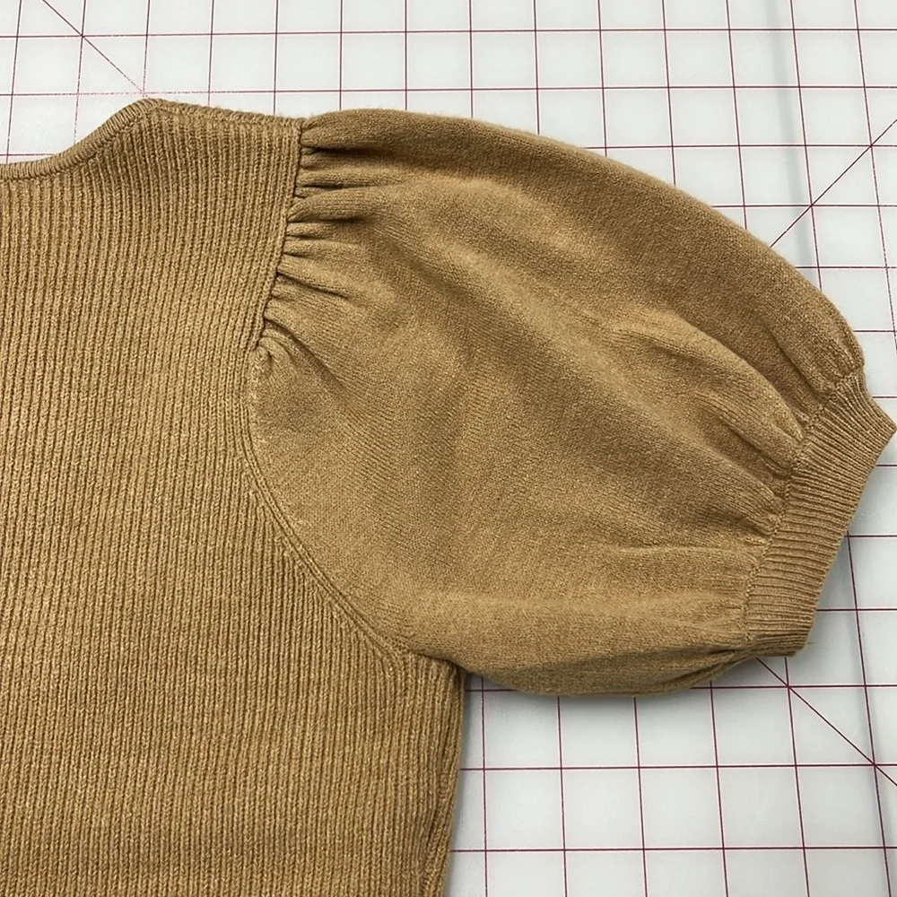 FRENCH CONNECTION NWT Milkmaid Boho Puff SLV SQ. Neck Mix Knit Camel Sweater L